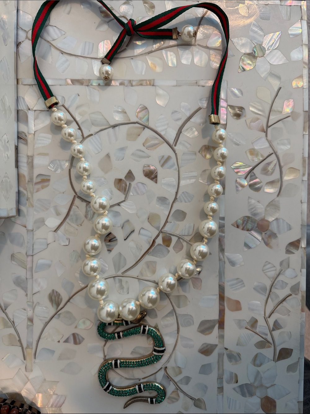 Designer-Inspired Pearl Necklace with Green Snake Pendant